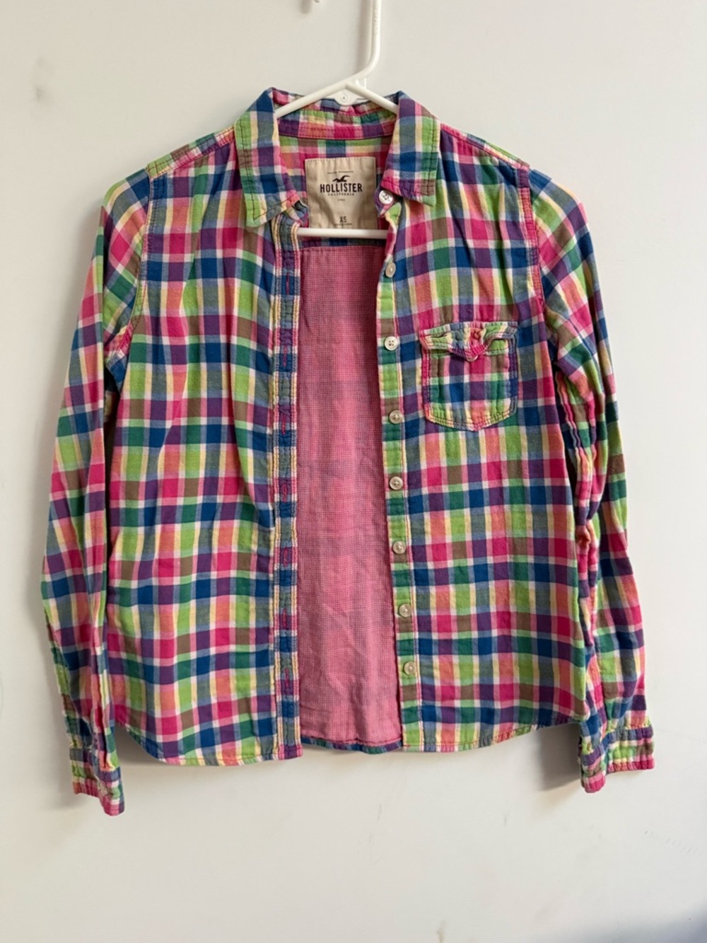 Hollister Bright Plaid Button-Down Shirt with Pink Lining